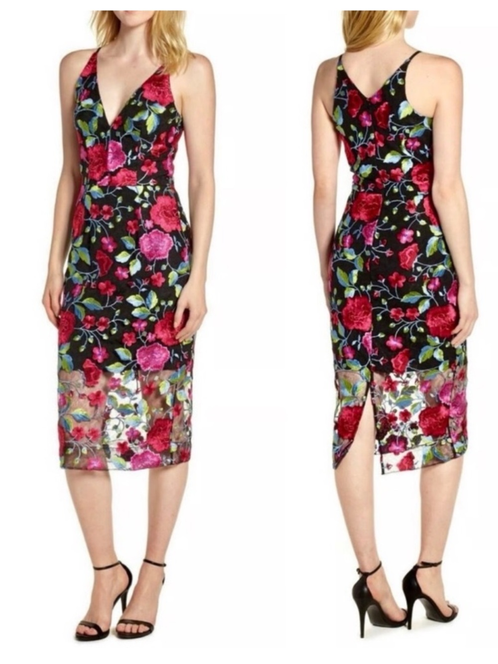 Dress the Population Aurora Black Floral Embroidered Midi Dress XS